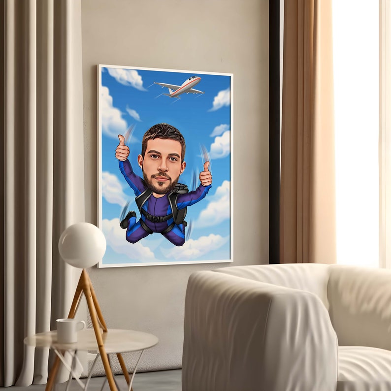 Personalized Skydiver Cartoon Portrait, Custom Skydiver Caricature Drawing from Photo, Funny Skydiver Caricature, Gift for Skydiver