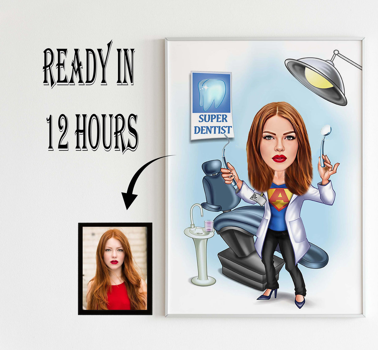 Custom Female Super Dentist Doctor Caricature Portrait, Cartoon Doctor Gift, Orthodontist Retirement Birthday Gift