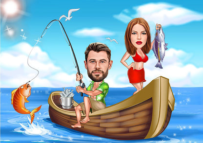 Custom Couple Fishing Caricature, Personalized Fisherman Caricature From Photo, Fisherman Gifts For Husband, Custom Digital Cartoon Portrait