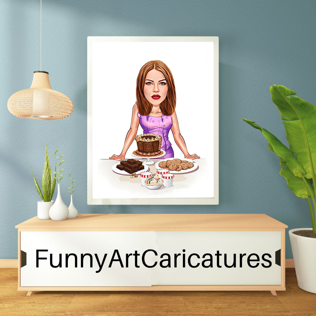Get Lady Baker Caricature Portrait From A Photo, Funny Lady Baker Caricature, Custom Digital Print, Female Chef Cartoon Art, Illustration