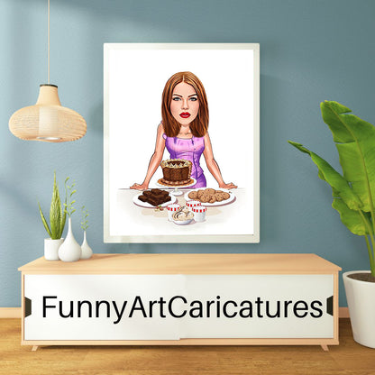 Get Lady Baker Caricature Portrait From A Photo, Funny Lady Baker Caricature, Custom Digital Print, Female Chef Cartoon Art, Illustration