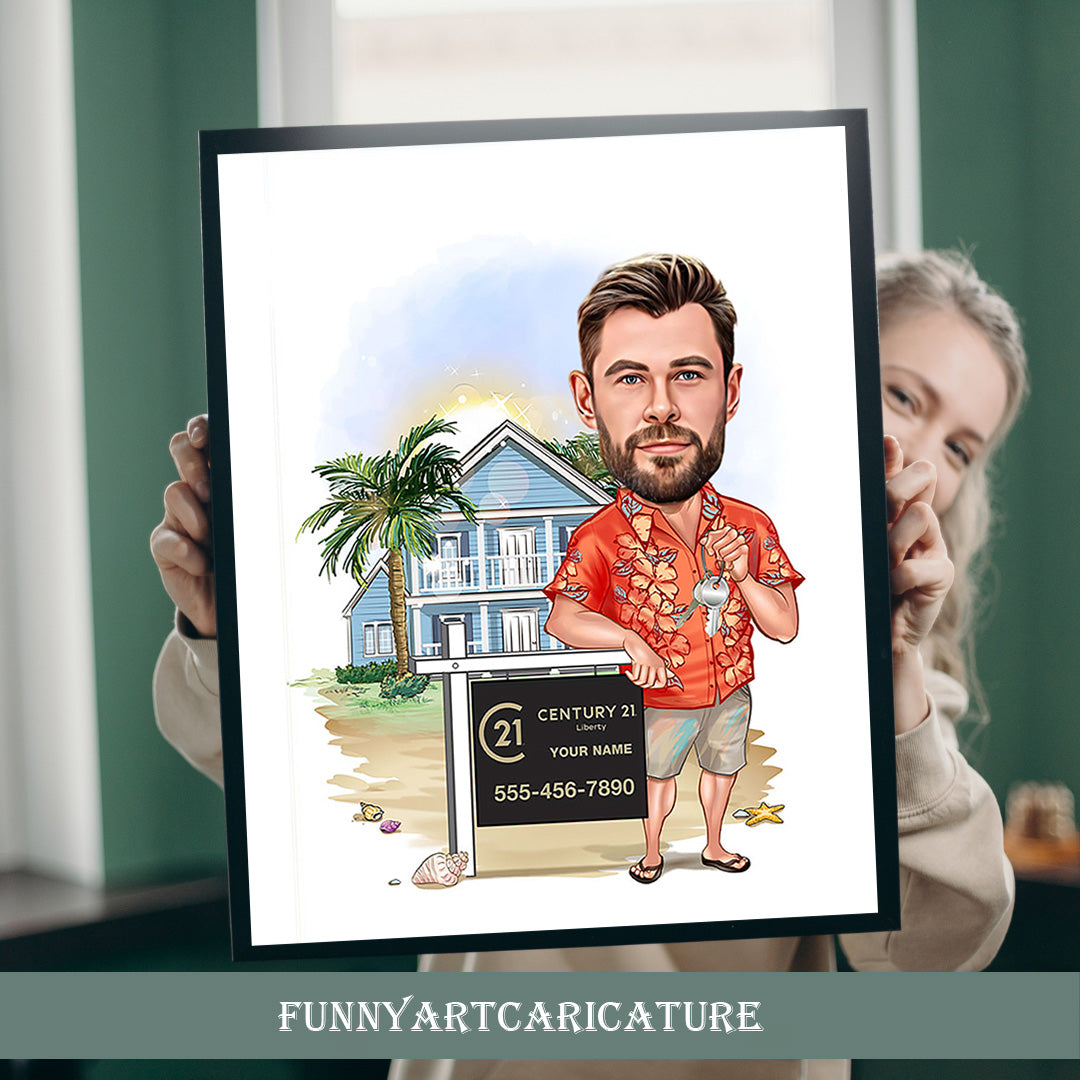 Realtor Caricature Gift, Custom Male Real Estate Agent Portrait, Real Estate Marketing Templates, Birthday Gift Ideas, Digital Download