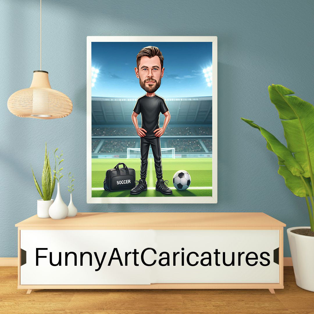 Custom Soccer Coach Caricature Portrait, Personalized Caricature Gift for Football Enthusiasts, Athletes, and Soccer Lovers, Unique Soccer Coach Caricature