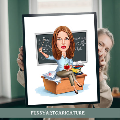 Physics Teacher Cartoon Portrait, Physics Teacher Caricature, Gift for Female Physics Teacher, Funny Physics Teacher Caricature from Photo