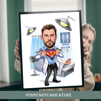 Custom Super Surgeon Cartoon Portrait, Gift for Surgeon, Funny Surgeon Caricature
