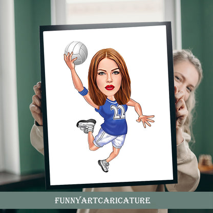 Volleyball Female cartoon Portrait, Volleyball gift, Custom Volleyball Caricature, Volleyball caricature from photo, Art gift for Volleyball