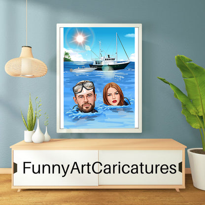 Custom couple swimming Portrait, Family Portrait, Gift for Family, Family Caricature, Caricature from Photo,