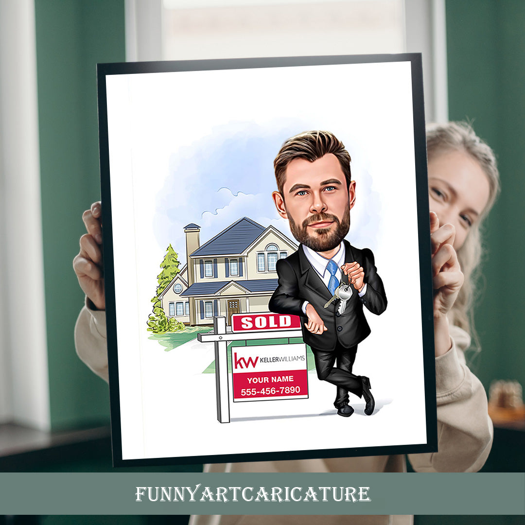 Personalized Male Real Estate Agent Portrait, Real Estate Marketing Templates, Birthday Gift Ideas, Digital Download Realtor Caricature Gift,