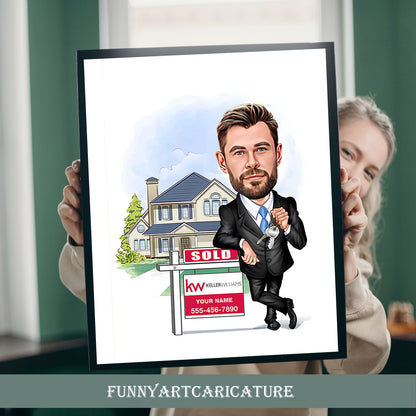 Personalized Male Real Estate Agent Portrait, Real Estate Marketing Templates, Birthday Gift Ideas, Digital Download Realtor Caricature Gift,