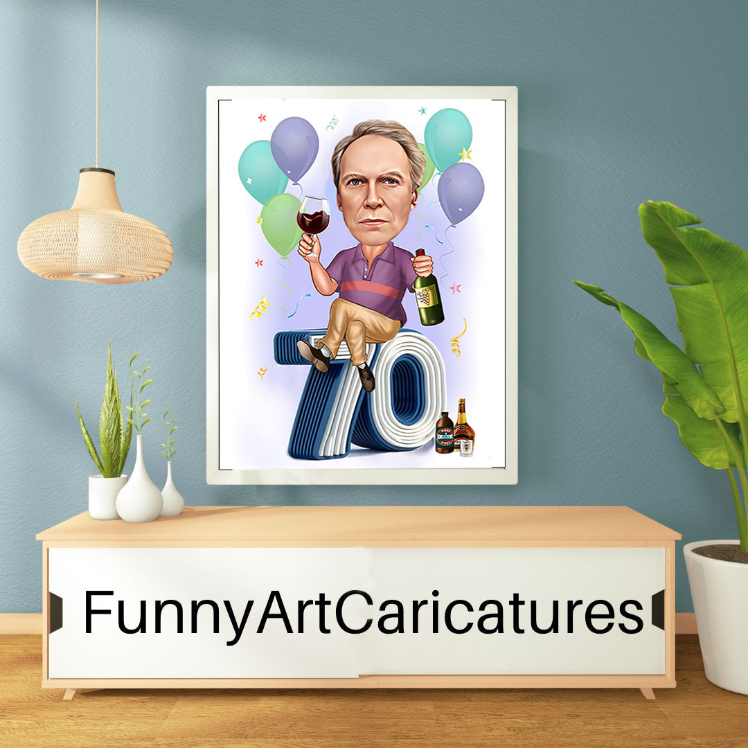 PERSONALIZED 70th BIRTHDAY Extra Special Day Caricature Photo to Cartoon CUSTOM Birthday Gift for Boys and Men Caricature from Photo
