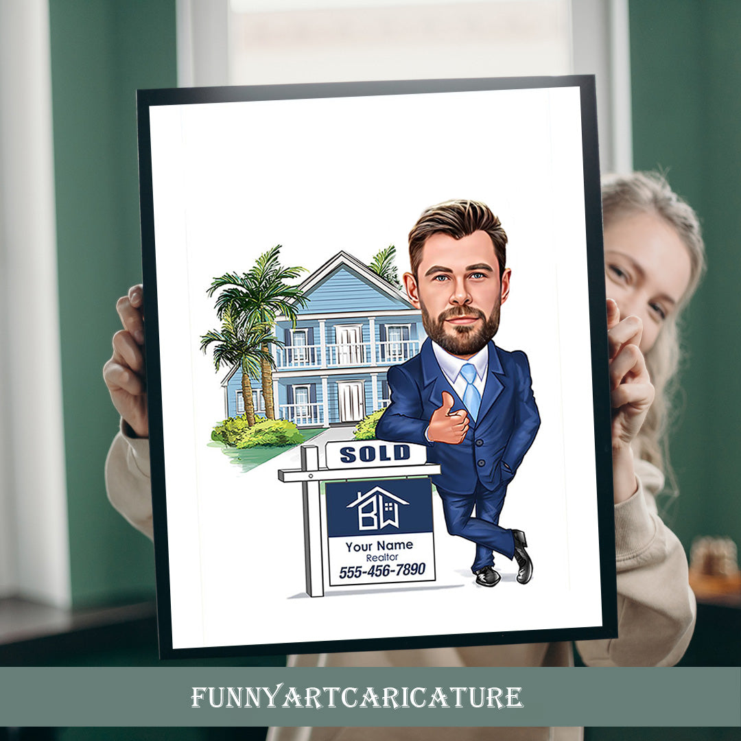 Personalized Realtor Gift, Realtor Caricature from Photo, Realtor Portrait, Real Estate Logo, Closing Gift