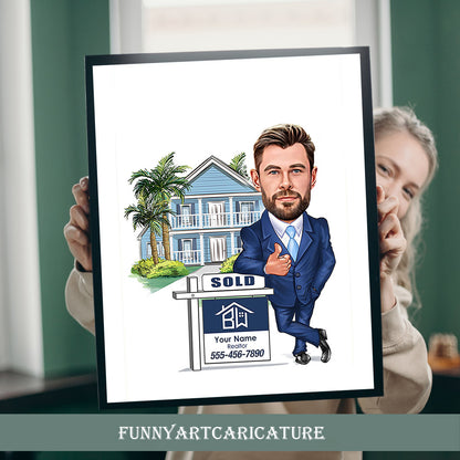 Personalized Realtor Gift, Realtor Caricature from Photo, Realtor Portrait, Real Estate Logo, Closing Gift