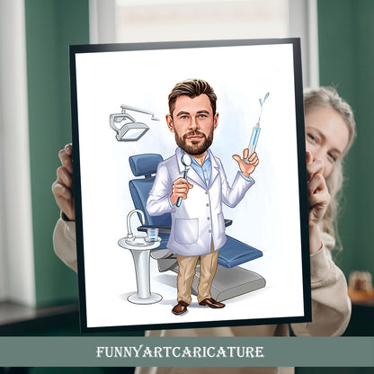Custom Male Dentist Cartoon Portrait, Gift for Dentist, Funny Dentist Caricature