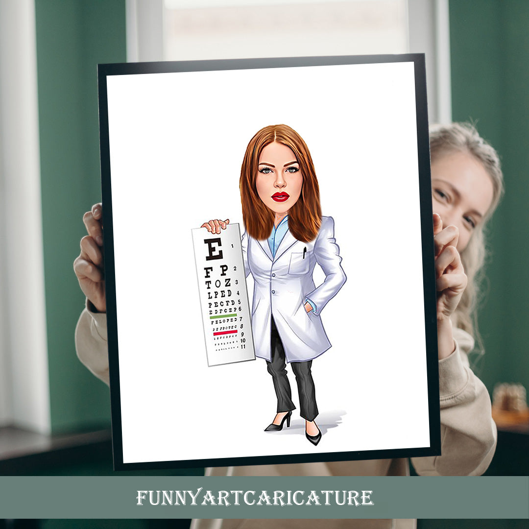 Custom Woman Eye Doctor Cartoon Portrait, Gift for Female Doctor, Eye Doctor Caricature from Photo