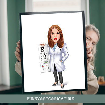 Custom Woman Eye Doctor Cartoon Portrait, Gift for Female Doctor, Eye Doctor Caricature from Photo