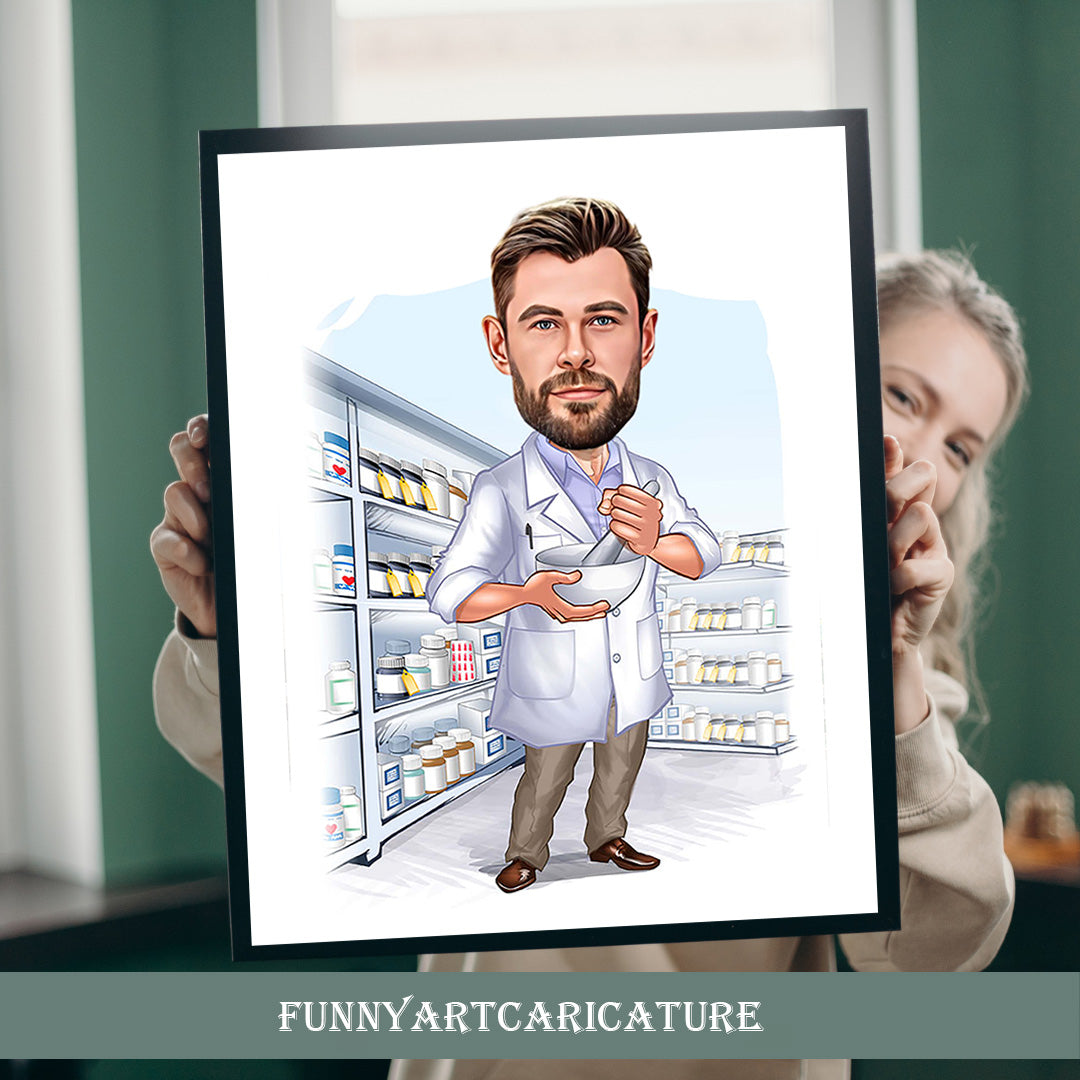 Custom Male Pharmacist Cartoon Portrait, Pharmacist Portrait, Gift for Pharmacist, Pharmacist Caricature, Pharmacist Caricature from Photo