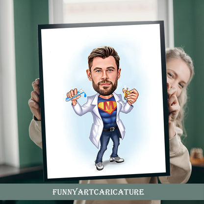 Custom Male Super Doctor Cartoon, Doctor Caricature from Photo, Fun Gift