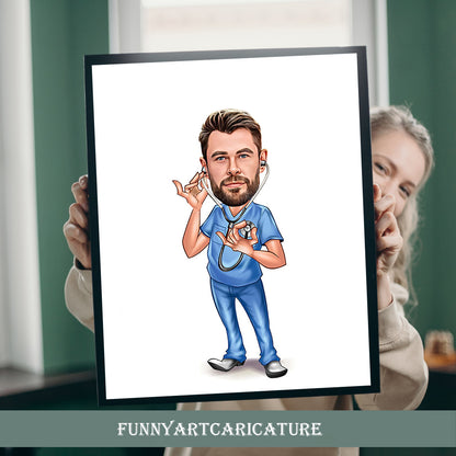 Custom Ear Male Doctor Caricature Portrait, Cartoon Doctor Gift, Orthodontist Retirement Birthday Gift