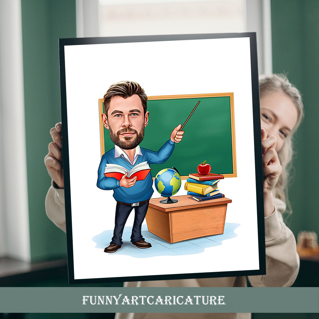Personalized Male Teacher Cartoon, Funny Teacher Caricature, Photo-Based Teacher Caricature, Present Teacher, Teacher Selfie, Cartoon Teacher
