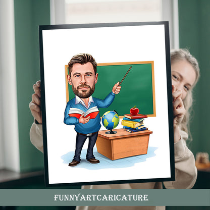 Personalized Male Teacher Cartoon, Funny Teacher Caricature, Photo-Based Teacher Caricature, Present Teacher, Teacher Selfie, Cartoon Teacher