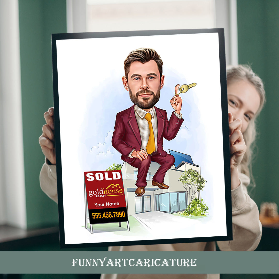 Custom Realtor Cartoon Portrait, Realtor Caricature, Realtor Gift, Real Estate Cartoon, Realtor Portrait from Photo