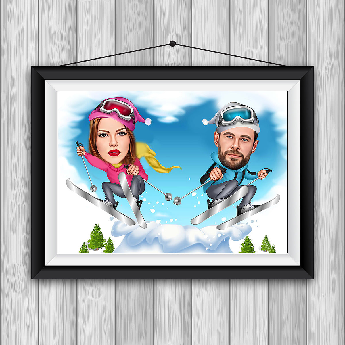 Skiing Caricature for Couple in Vegas, Wedding Cartoon, Gift for Couple, Wedding Caricature from Photo, Las Vegas Wedding Caricature, Vegas