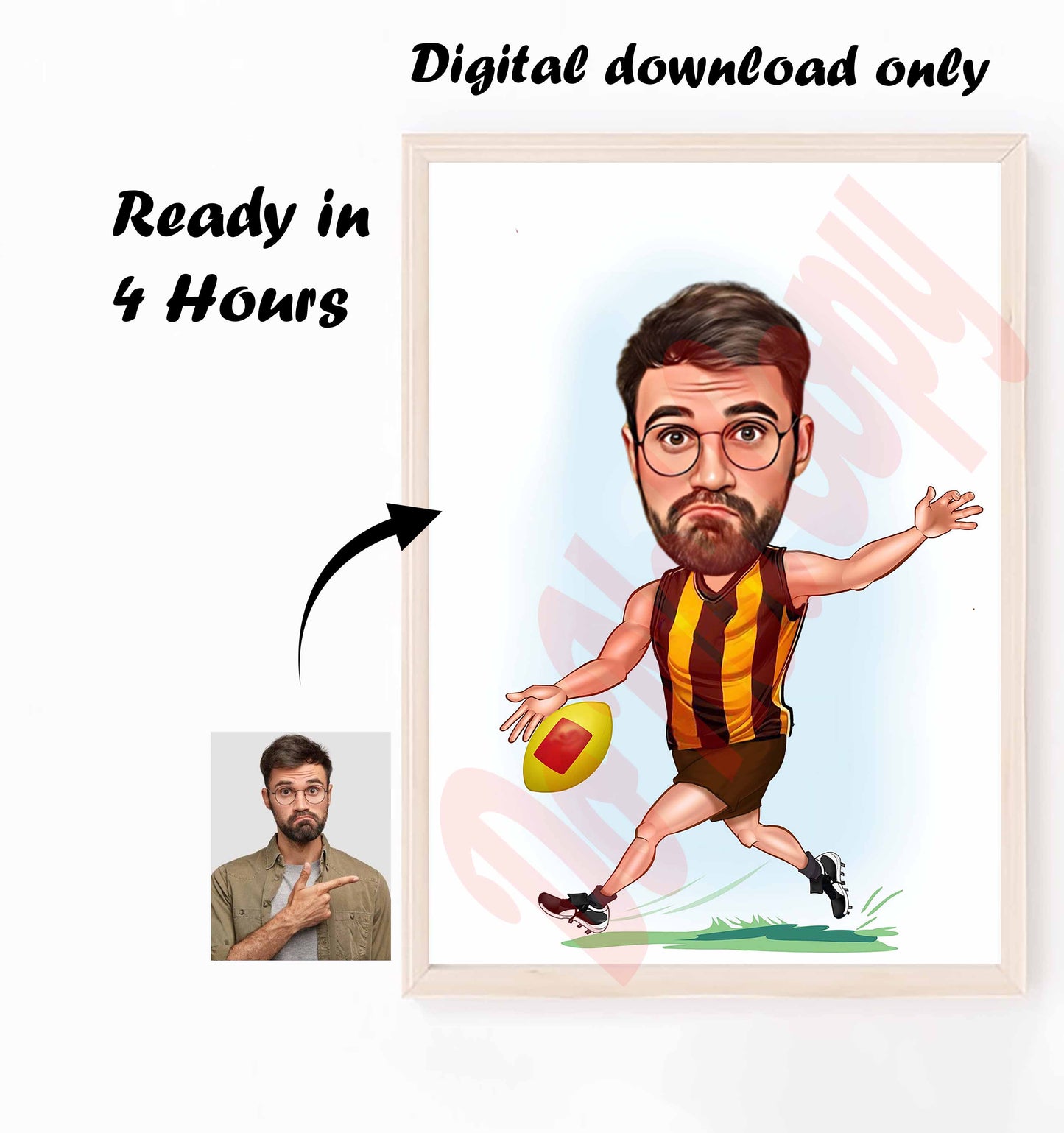 Australia Football Hawthorn AFL Player Gift, Hawthorn Football Player Caricature Drawing From Photo, Gift For Sports Australia Football Caricature Portrait