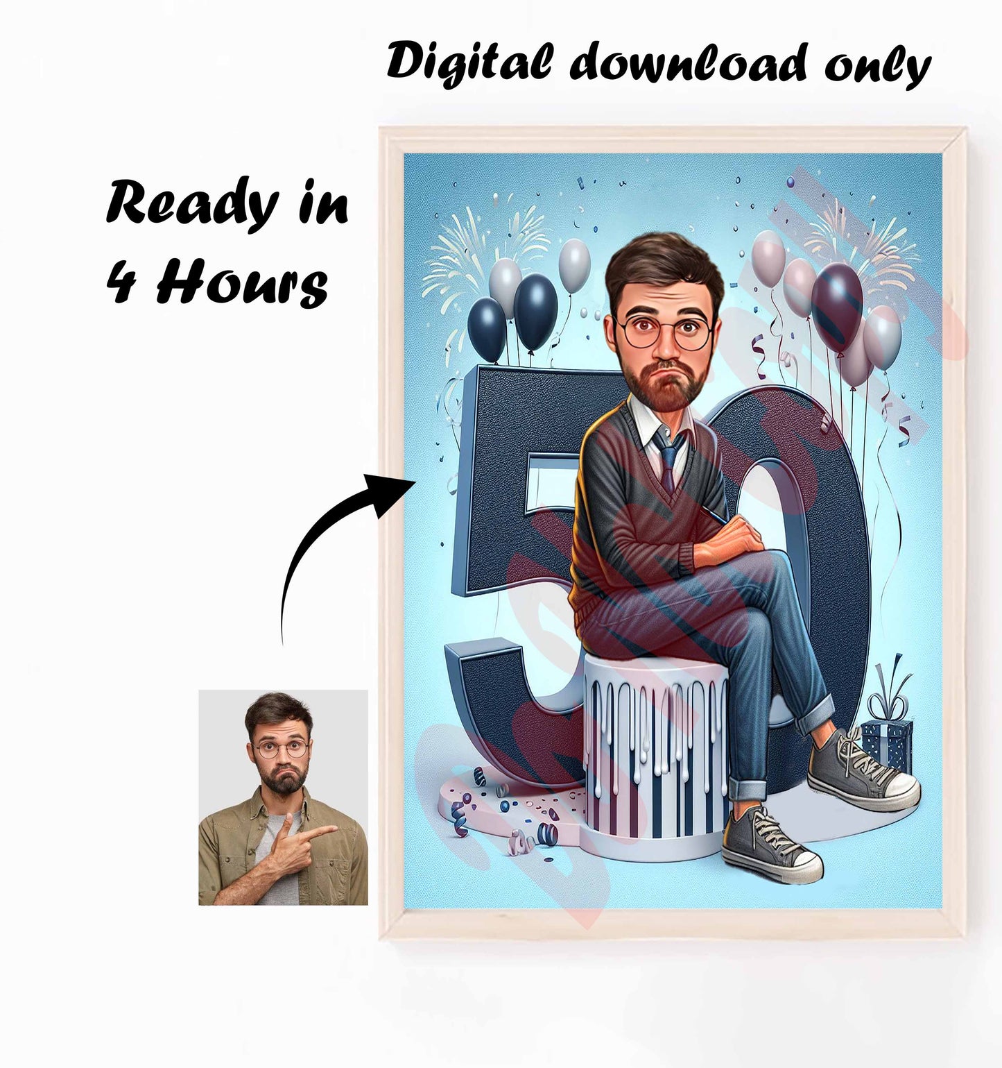 Personalized 50th Birthday Caricature from Photos, Happy Birthday Cartoon Portrait Gift, Happy 50th Birthday, Caricature from photo