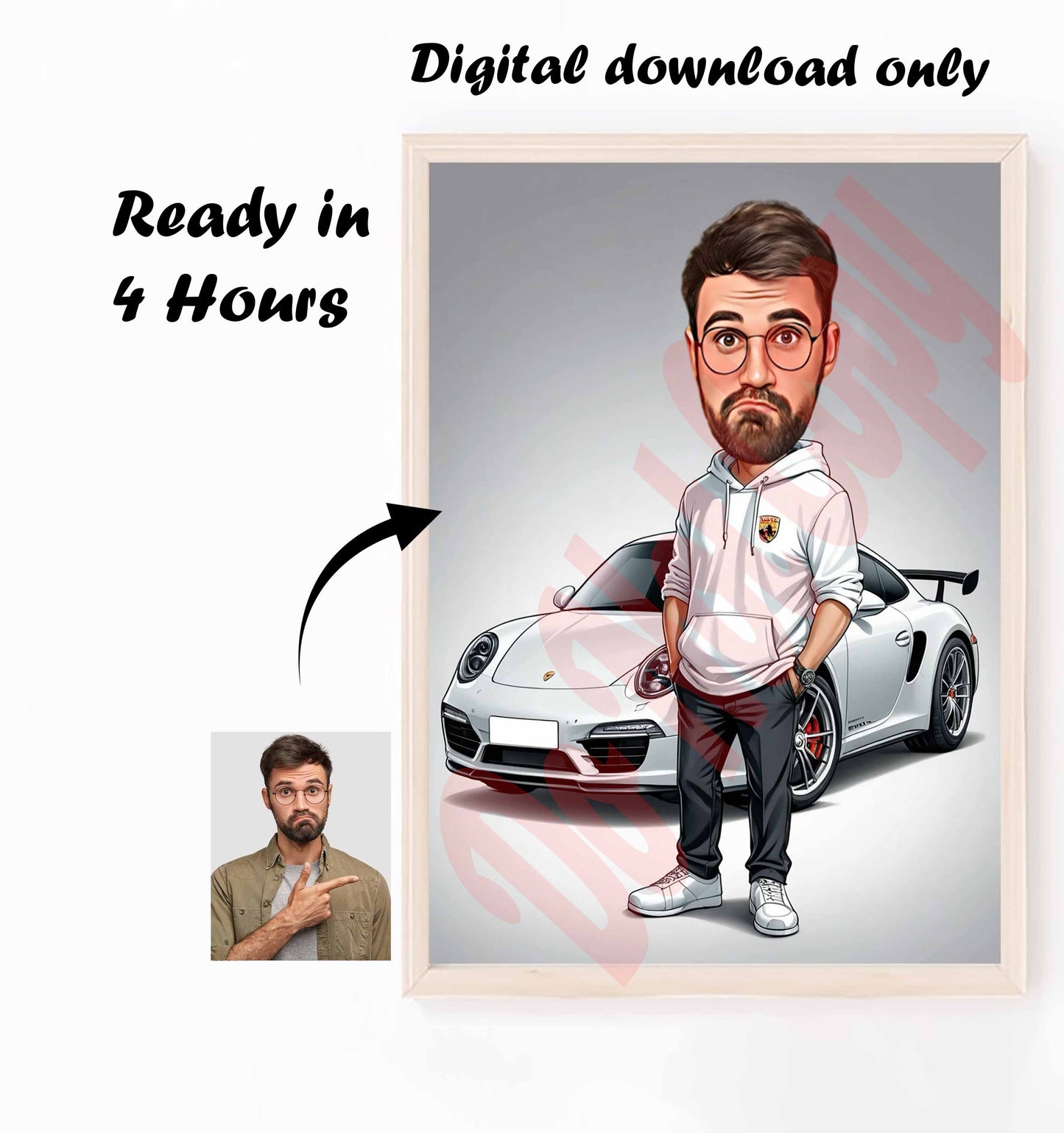 Car Lover Gift for Men, Male Car Lover Caricature from Photo, Car Lover Wall Art, Funny Car Lover Portrait, Custom Car Lover Cartoon Drawing