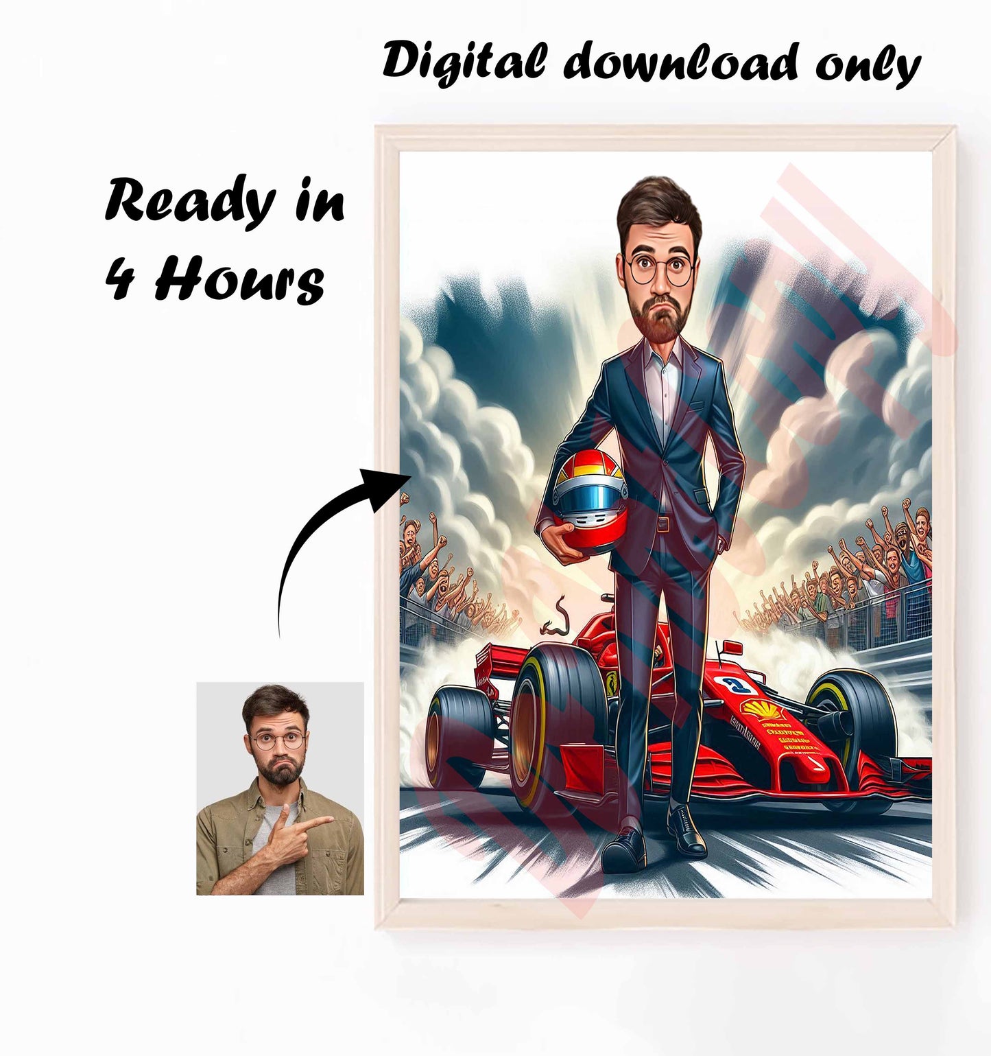 Custom F1 Racing Caricature Portrait, Formula 1 Caricature Drawing from Photo, Unique Gift for Race Lovers, Personalized Unique Caricature Art