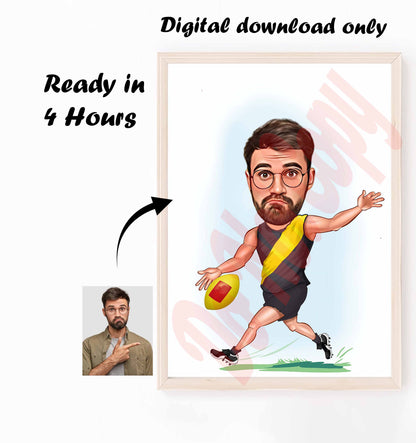 Australia Football Richmond Tigers AFL Player Gift, Richmond Tigers Football Player Caricature Drawing From Photo, Gift For Sports Australia Football Caricature Portrait