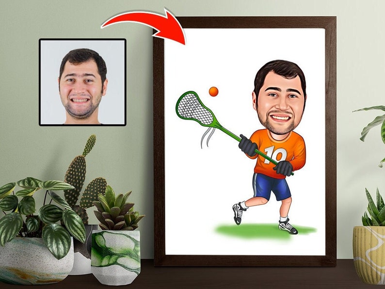 Custom Lacrosse Player Cartoon Portrait Drawing from Photo, Gift for Lacrosse, Lacrosse Lover Gift, Lacrosse Player Caricature Drawing Art