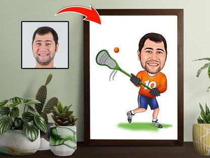 Custom Lacrosse Player Cartoon Portrait Drawing from Photo, Gift for Lacrosse, Lacrosse Lover Gift, Lacrosse Player Caricature Drawing Art
