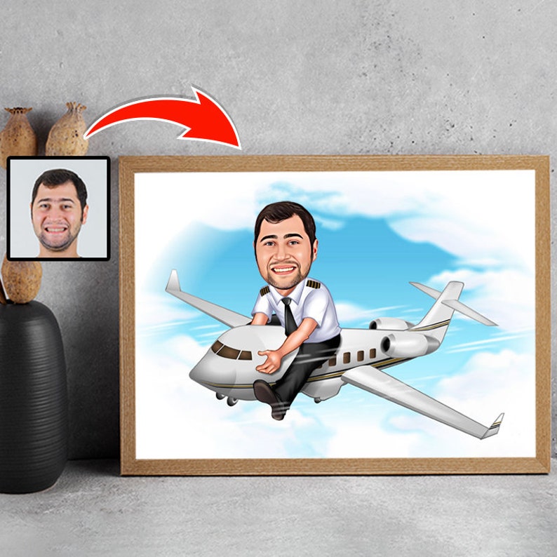 Custom Pilot Caricature Portrait, Airplane Pilot Cartoon, Gift for Pilot, Funny Pilot Gift, Airplane Cartoon Drawing from Photo