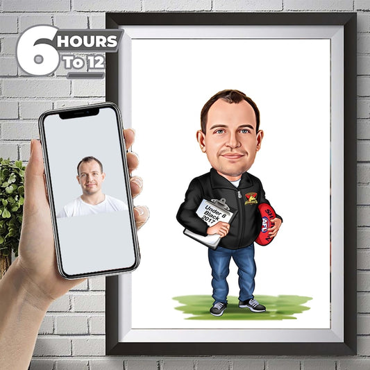 Personalized AFL football Coach Cartoon Portrait, Custom Football Coach Caricature Drawing from Photo, Funny Coach Caricature, Gift for Coach