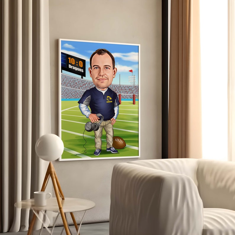 American Football Trainer Coach Caricature, Portrait from Photo, American Football Coach Gift, Rugby Coach Custom Photo Gift From Team.