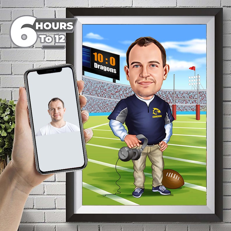 American Football Trainer Coach Caricature, Portrait from Photo, American Football Coach Gift, Rugby Coach Custom Photo Gift From Team.