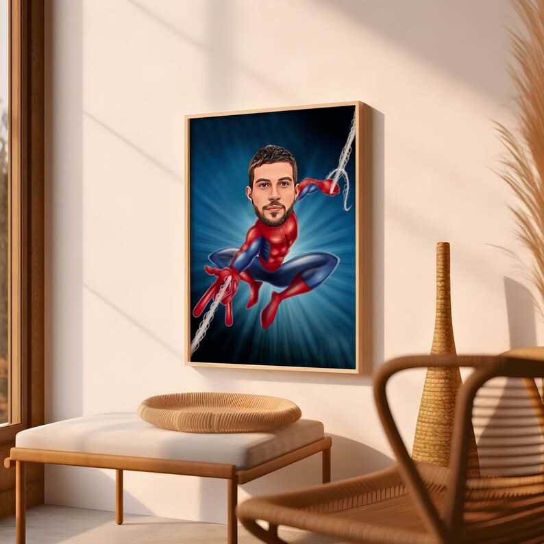 Custom spiderman Superhero Cartoon Portrait, Superhero Portrait, Gift for Dad, Custom Cartoon, Superhero Caricature, Caricature from Photo, Superhero