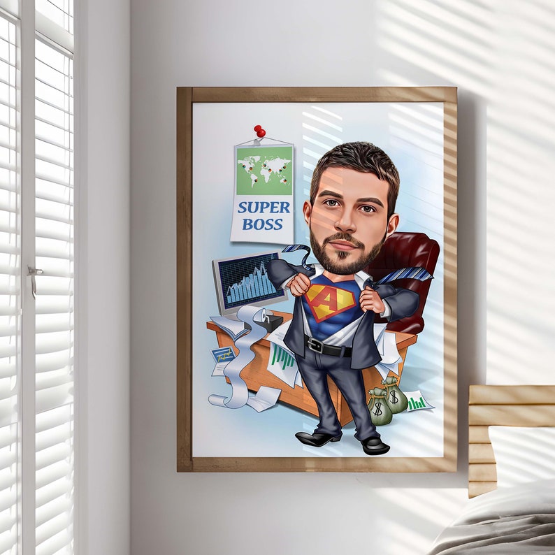 Custom Super Boss Cartoon Portrait, Super Boss Caricature, Gift for Male Boss, Boss Cartoon, Funny Boss, Boss Caricature from Photo