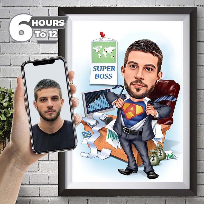 Custom Super Boss Cartoon Portrait, Super Boss Caricature, Gift for Male Boss, Boss Cartoon, Funny Boss, Boss Caricature from Photo