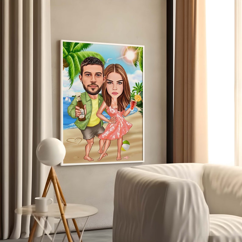 Custom Couple Cartoon Portrait, Personalized Vacation Couple Cartoon, Beach Couple Caricature, Gift for Couple, Vacation Portrait