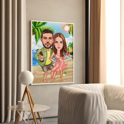 Custom Couple Cartoon Portrait, Personalized Vacation Couple Cartoon, Beach Couple Caricature, Gift for Couple, Vacation Portrait