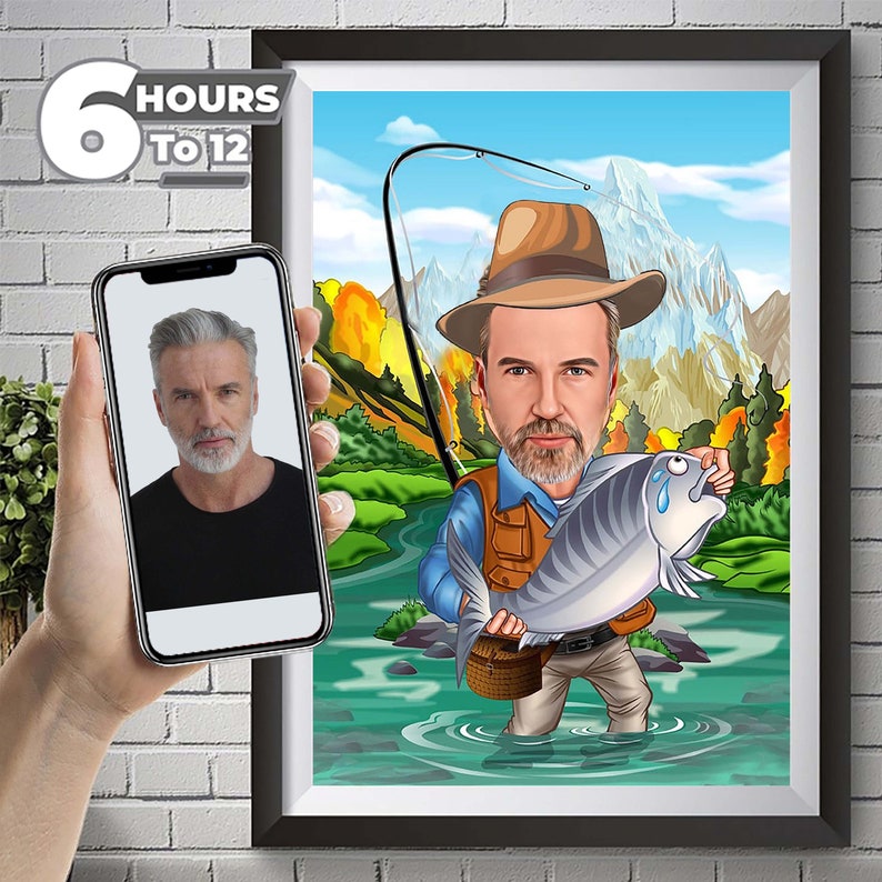 Customized Cartoon Fisherman, Custom Caricature Catch Fisherman Figure Fishing Man Father Gift, Husband Gift, Brother Gift, Digital Download