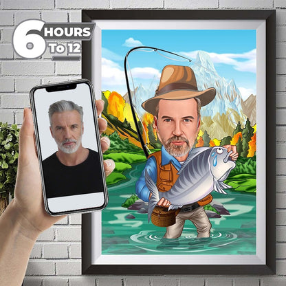 Customized Cartoon Fisherman, Custom Caricature Catch Fisherman Figure Fishing Man Father Gift, Husband Gift, Brother Gift, Digital Download