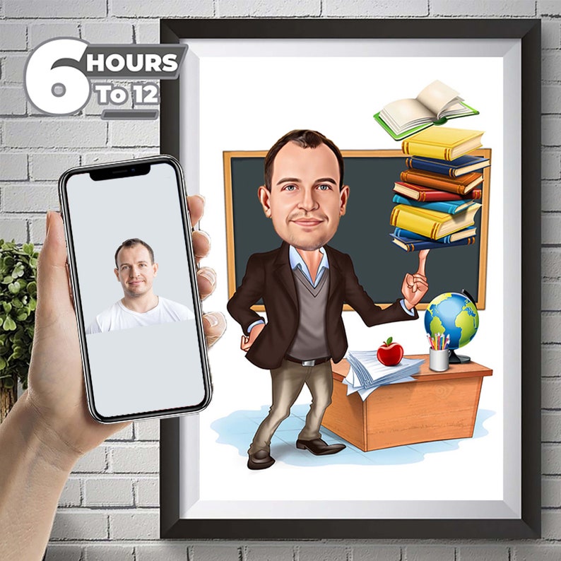 Personalized Male Teacher Cartoon, Funny Teacher Caricature, Photo-Based Teacher Caricature, Present Teacher, Teacher Selfie, Cartoon Teacher
