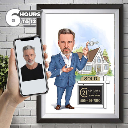 Realtor Gift for Men, Custom Realtor Caricature from Photo, Funny Real Estate Agent Gift, Male Realtor Cartoon Portrait