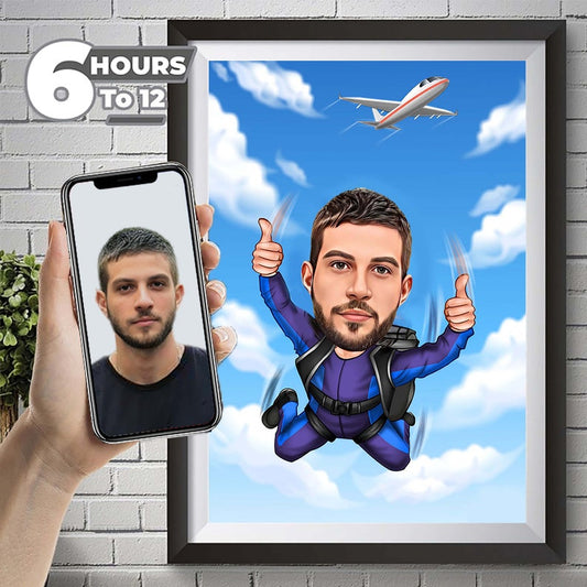 Personalized Skydiver Cartoon Portrait, Custom Skydiver Caricature Drawing from Photo, Funny Skydiver Caricature, Gift for Skydiver