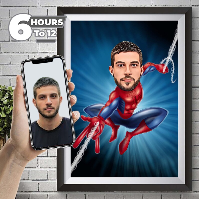 Custom spiderman Superhero Cartoon Portrait, Superhero Portrait, Gift for Dad, Custom Cartoon, Superhero Caricature, Caricature from Photo, Superhero