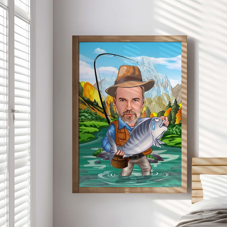 Customized Cartoon Fisherman, Custom Caricature Catch Fisherman Figure Fishing Man Father Gift, Husband Gift, Brother Gift, Digital Download