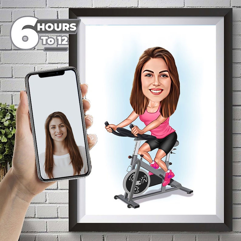 Personalized women Peloton cycling instructor Caricature, Unique Active Lifestyle Gift, Healthy Living Illustration